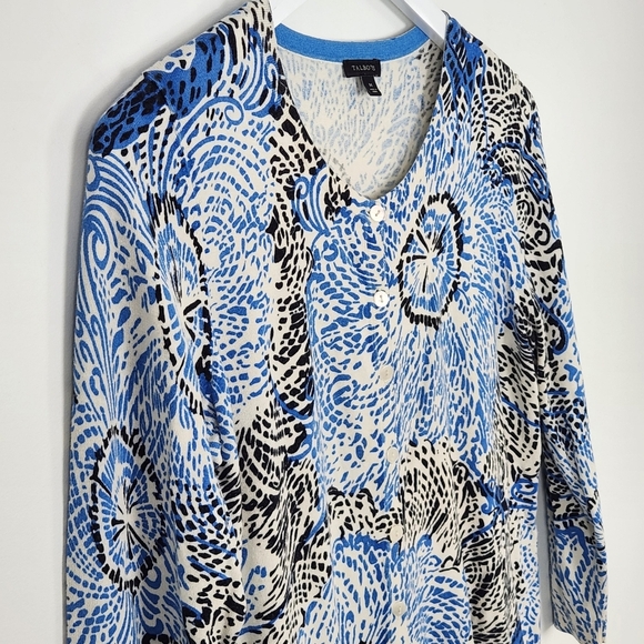 Talbots Sweater Size M Blue Black Abstract Cardigan Button Up Lightweight - Picture 2 of 6